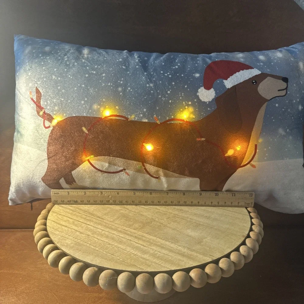 MINA VICTORY LIGHT UP Dachshund Holiday Dog Throw Pillow, Light Blue Multicolor